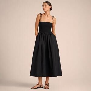 COS XS Black Cotton Blend Strapless Smocked Midi Dress Full Skirt